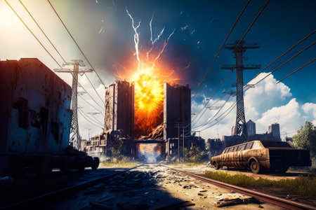 energy infrastructure. Rocket fire on facilities. fire in buildings. Generative AI.の素材