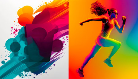 Two colorful posters with woman running in front of them. Generative AI.の素材