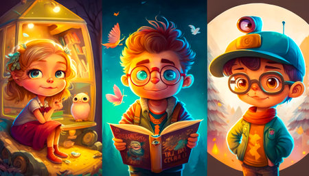 Illustrations of boy and girl reading books. Generative AI.の素材