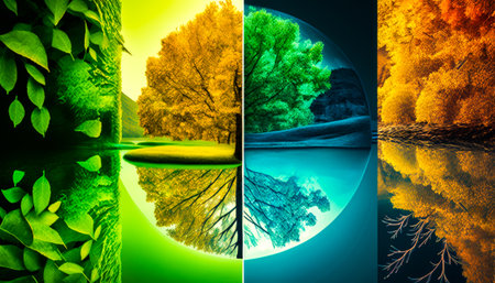 Four different images of trees in different colors. The Challenge of Adopting Change to Address Climate and Environmental Challenges. Generative AI.の素材