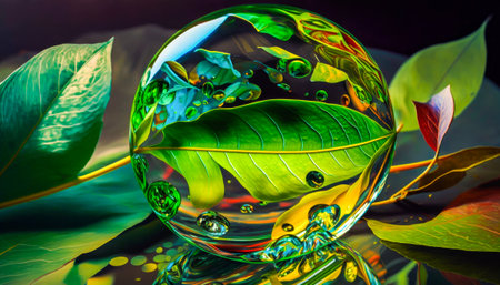 An image of glass ball with green leaves. greener practices with colors reflecting nature. Generative AI.の素材