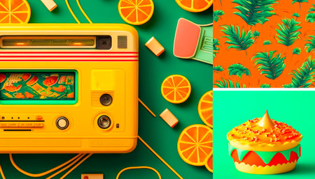 Collage of different images including radio, cupcakes and oranges. Graphic effects with bright colors, retro style, inspired by the 90's. Generative AI.の素材