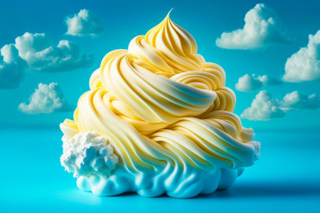 An ice cream cone on blue background with clouds. Generative AI.の素材