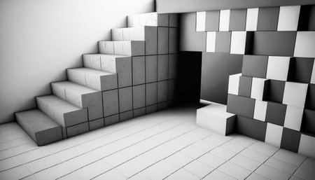 Blue and white room with stairs leading up to it. Generative AI.の素材