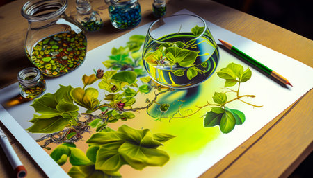Drawing of green leaves on table. greener practices with colors reflecting nature. Generative AI.の素材