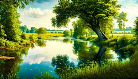 Painting of river with trees and grass. Generative AI.の素材