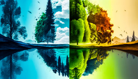 Four different colors of trees in the middle of body of water. The Challenge of Adopting Change to Address Climate and Environmental Challenges. Generative AI.の素材