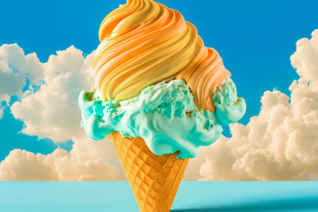 An ice cream cone with blue, yellow and orange colors. Generative AI.の素材