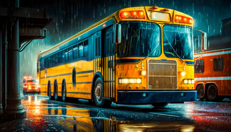 Bus driving down the street in the rain. TRANSPORT SAFETY. Generative AI.の素材
