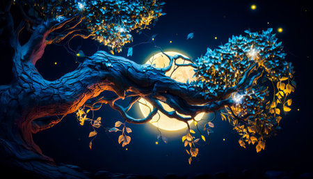 Tree in front of full moon at night. Generative AI.の素材