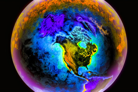An image of the earth with purple and blue colors. global warming ozone holes greenhouse effect. Generative AI.の素材