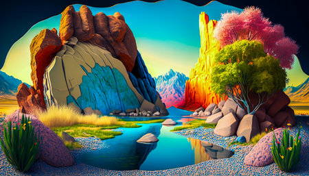 Cartoon landscape with river and rocks. Generative AI.の素材