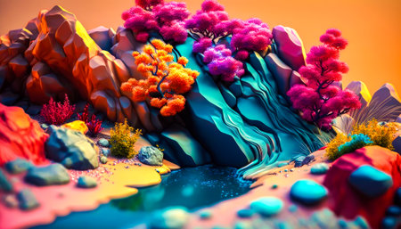 An animated 3d landscape with rocks, trees and water. Generative AI.の素材