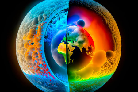 The earth is shown in two different colors. global warming ozone holes greenhouse effect. Generative AI.の素材