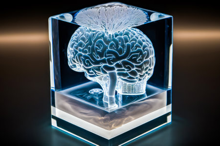 3d model of human brain in glass box. Generative AI.の素材
