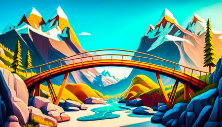 An illustration of bridge over river in the mountains. Generative AI.の素材