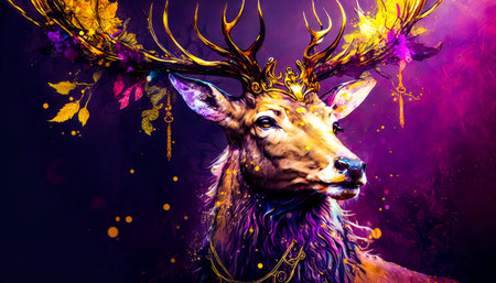 Deer with gold and purple feathers on its head. Generative AI.の素材