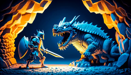 An image of knight and dragon in cave. Generative AI.の素材