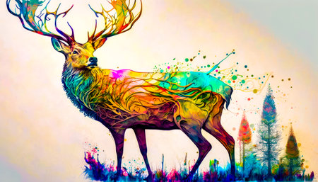 An artistic painting of deer with colorful paint. Generative AI.の素材