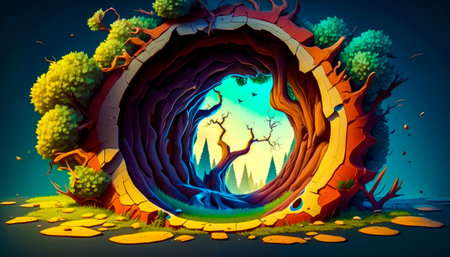 An image of a hole in the ground with trees and grass. Generative AI.の素材