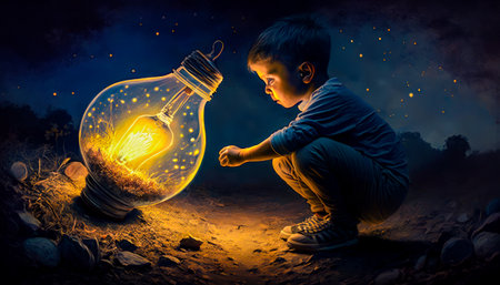 Young boy kneeling down in front of glowing light bulb. Generative AI.の素材