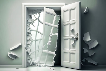 An open door to room with broken glass. Generative AI.の素材