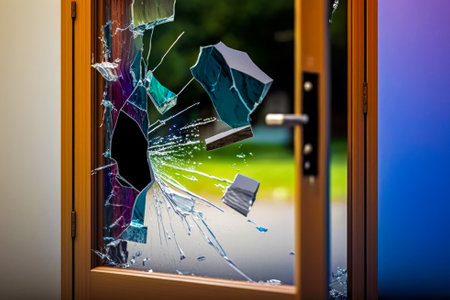 Broken glass door is shown in front of blue wall. Generative AI.の素材