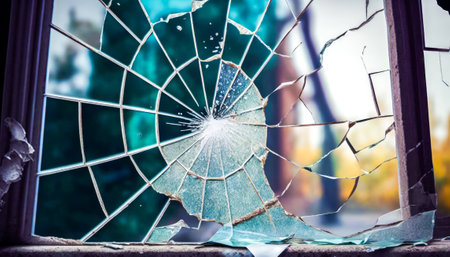 Broken window with shattered glass in it. Generative AI.の素材