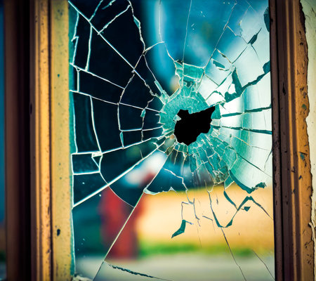 Broken window with bullet hole in it. Generative AI.の素材