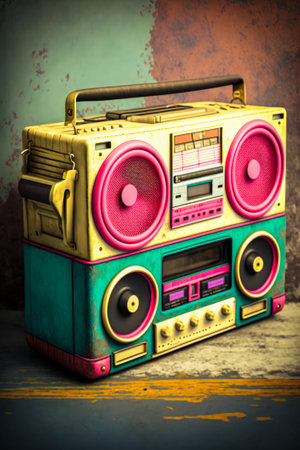 An old fashioned boombox sitting on top of concrete floor. Generative AI.の素材