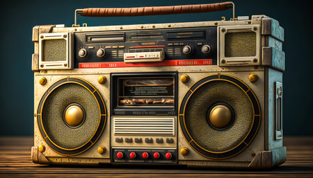 An old fashioned boombox sitting on top of a wooden table. Generative AI.の素材