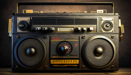 An old boombox sitting on top of wooden table. Generative AI.の素材