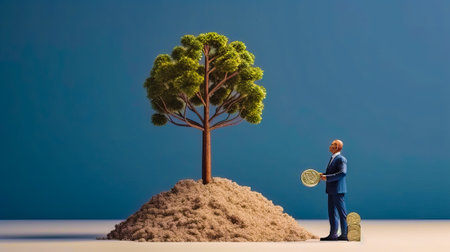 Miniature man is standing on top of pile of dirt with tree growing out of it. Generative AI.の素材