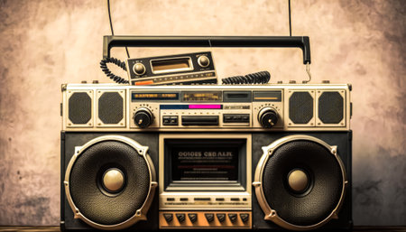 An old boombox sitting on top of wooden table. Generative AI.の素材