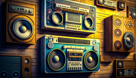 Boomboxes are displayed on wooden wall. Generative AI.の素材