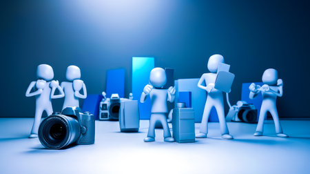 Group of 3d people standing in front of blue background. Generative AI.の素材