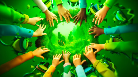 Group of people holding hands around green planet. Generative AI.の素材