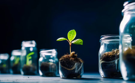 Group of jars with plants growing in them. Generative AI.の素材