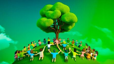 Group of people standing around tree on top of hill. Generative AI.の素材