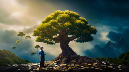 Man standing in front of tree with coins on it. Generative AI.の素材