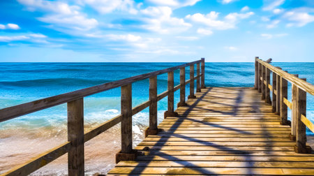 Wooden walkway leading to the ocean on a sunny day. Generative AI.の素材