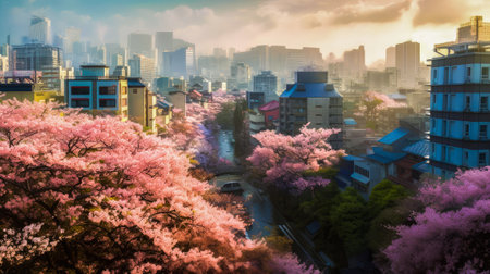 An image of the city with cherry blossoms. Generative AI.の素材