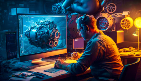 Man is working on computer in dark room. Generative AI.の素材