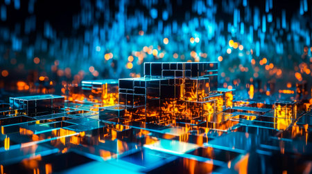 An abstract image of cubes with orange and blue lights. Generative AI.の素材