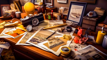 Desk is filled with old photographs and other items. Generative AI.の素材