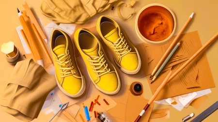 Pair of yellow sneakers and other supplies on table. Generative AI.の素材