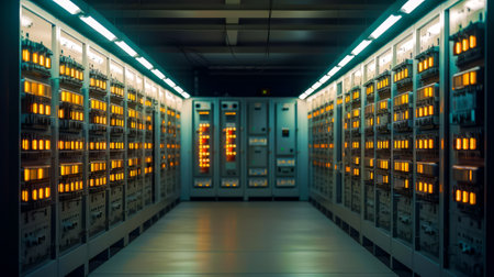 The inside of an electrical room with many lights. Generative AI.の素材