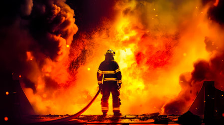 Firefighter stands in front of large fire. Generative AI.の素材