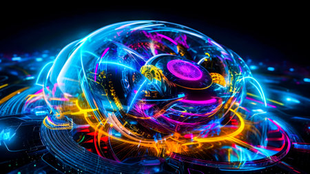 An abstract image of glowing sphere with neon lights. Generative AI.の素材