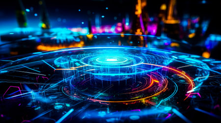 An abstract futuristic cityscape with glowing lights. Generative AI.の素材